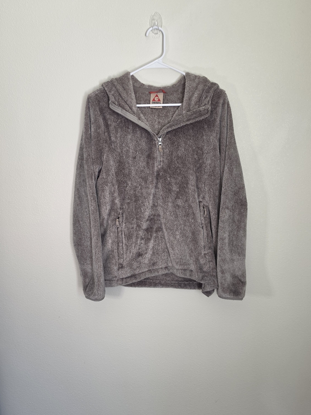 Gerry Gray Plush Fleece Hooded Quarter Zip Pullover Size L